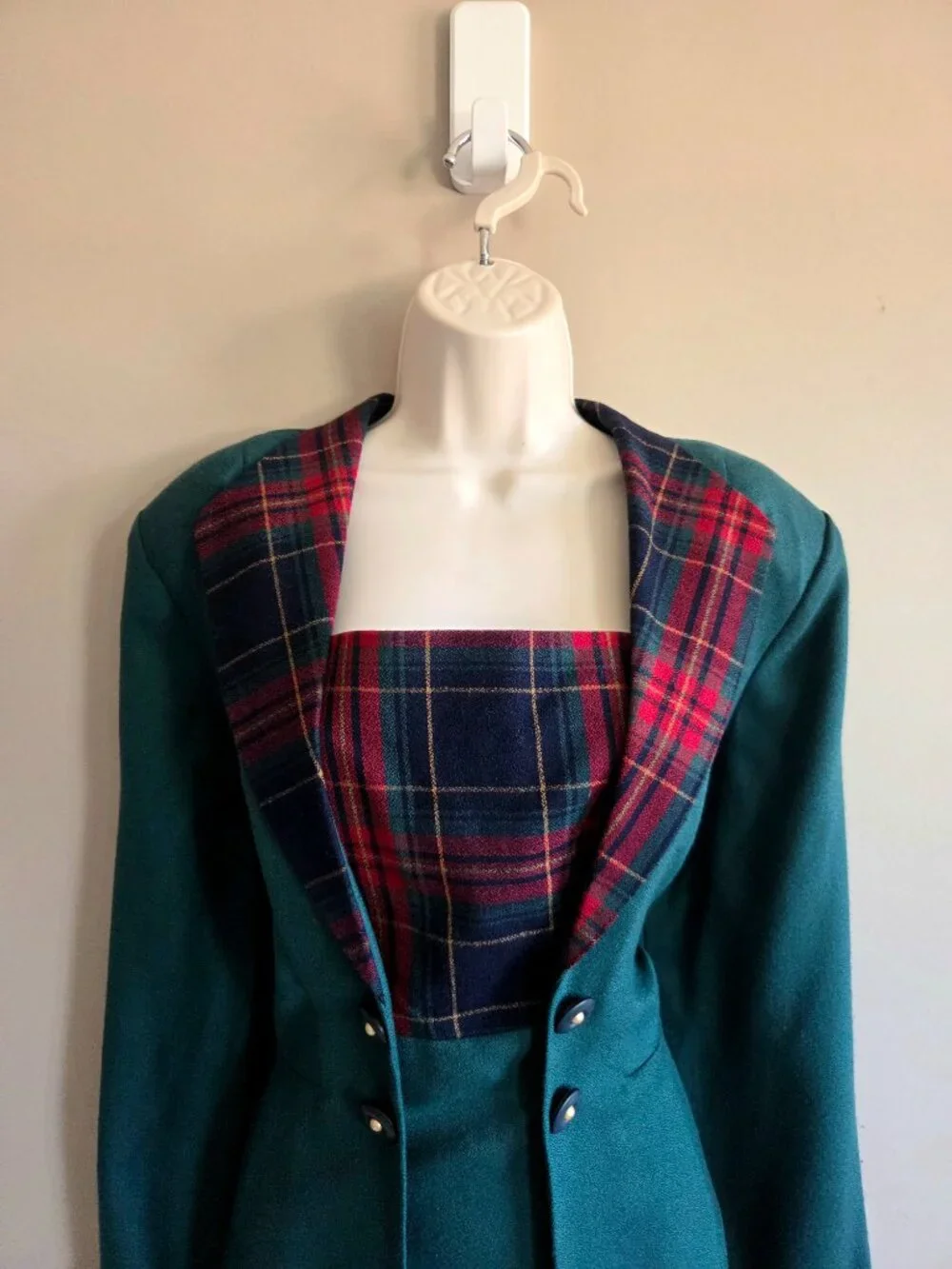 Vintage 1980s 1990s Bantry Bay layered green dress with plaid pattern details. - Picture 2 of 10